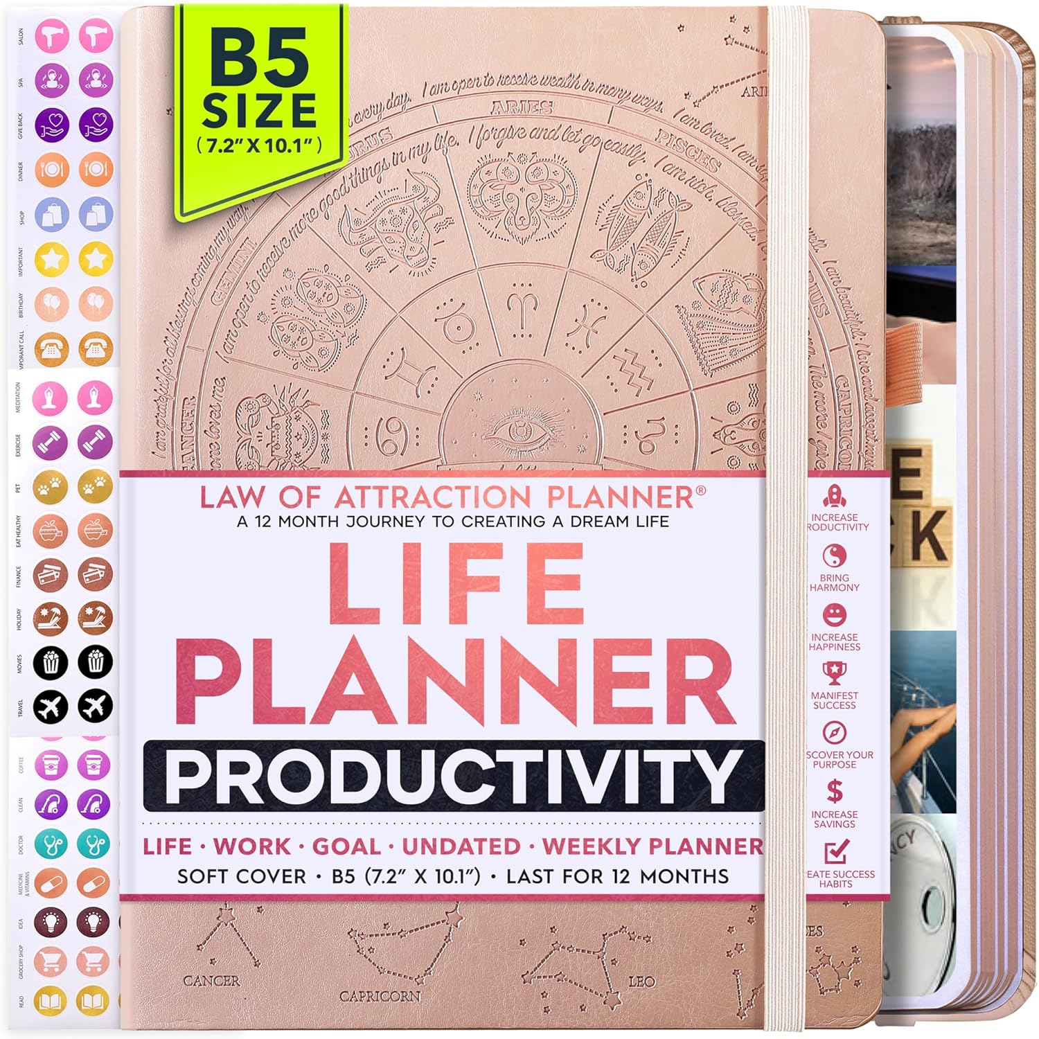 Law of Attraction Planner – Undated Hourly, Weekly & Monthly Goal Setting Planner, 12-Month to Increase Productivity | Life & Gratitude Journal, Include Foldable Vision Board, Gift Box & Stickers