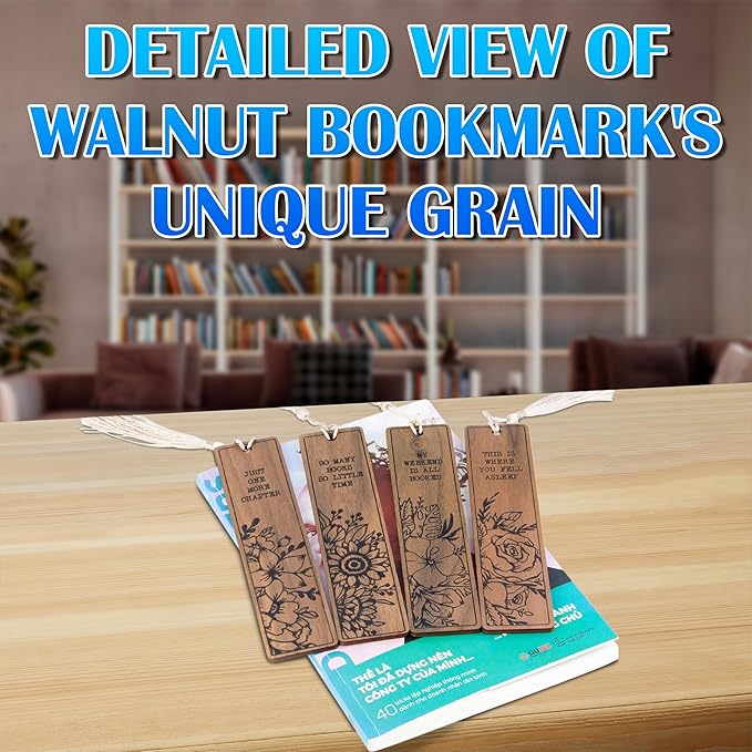 Flower Bookmark – Set of 4 Wooden Bookmarks with Tassels, Made from Walnut Wood,Funny Bookmark Gift for Men and Women, Novelty Gag Bookmark for Book Lovers,Christmas Stocking Stuffer