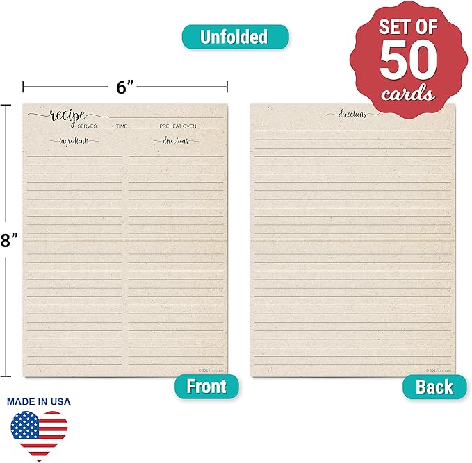 321Done Folding Recipe Cards (Set of 50) X-Large - Made in USA - Folds to 4x6 from 8x6 - Rustic Boho Kraft Tan Minimalist – Retro Vintage Luxury Thick Cardstock Jumbo Folded Double-Sided