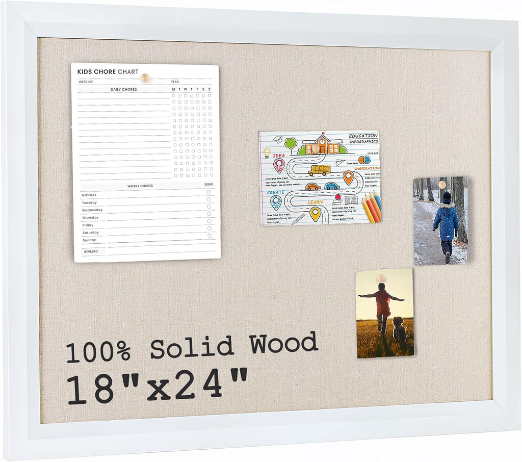 Bulletin Board Cork Board with Linen, 100% Wood Framed 18" x 24" Bulletin Board Decorations, Pin Boards for Walls, Wall Mounted Fabric Picture Board with 10 Pushpins for School, Home & Office, White
