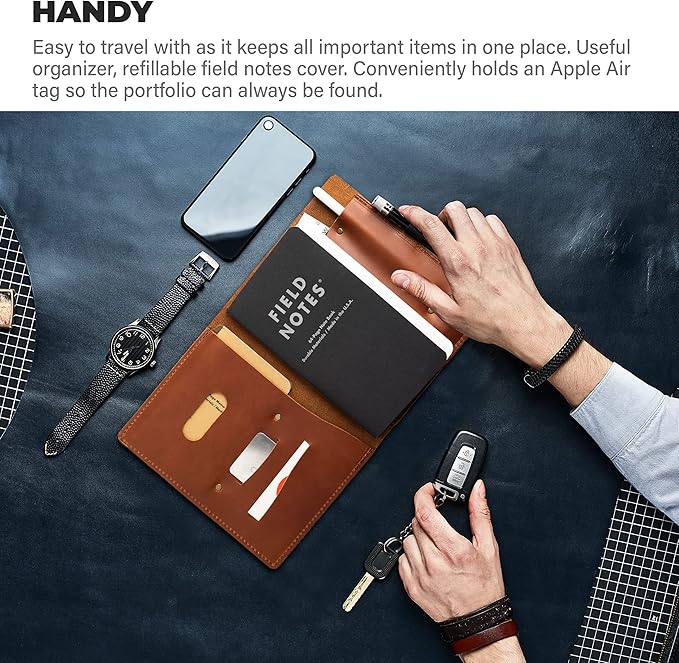 Portfolio Binder for Men and Women, Tech Portfolio Organizer for Business, Leather Folio Canvas Notebook with Air Tag, Apple Pencil, Phone, Cards