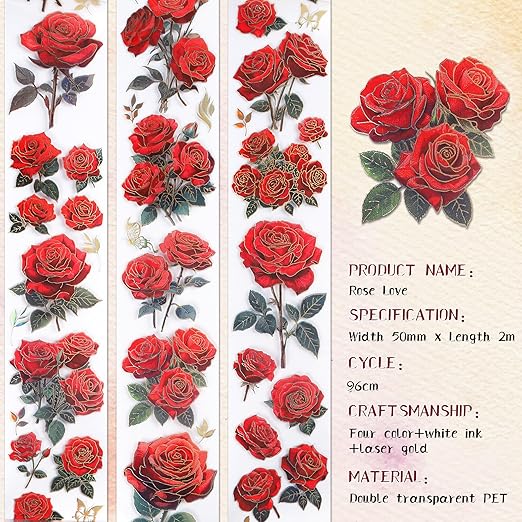 Rose Flower Scrapbook Supplies - Vintage Red Flower Junk Journal Supplies, Floral Srapbooking Tapes Art Crafts Decorative