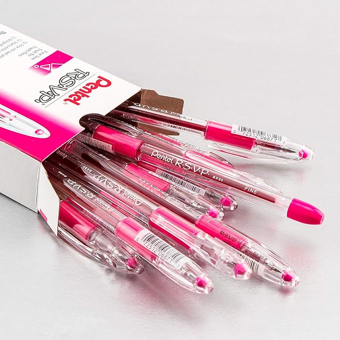 Pentel R.S.V.P. Ballpoint Pen, 0.7mm Fine Tip, Pink Ink, Box of 12 (BK90-P)