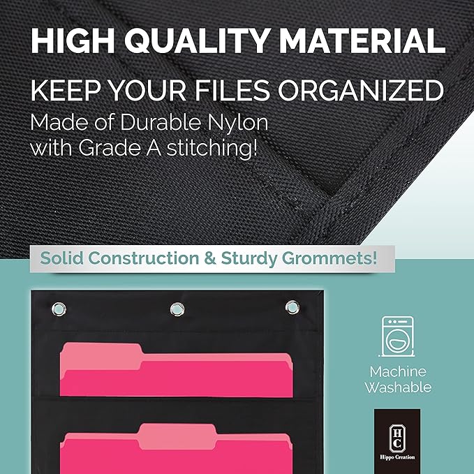 Hippo Creation Heavy Duty Storage Pocket Chart for Classroom, 10 Pocket Storage Organizer with 6 Over-Door Hangers, Hanging Wall Organizer for File Folders, School Mailbox, Home Office Papers - Black