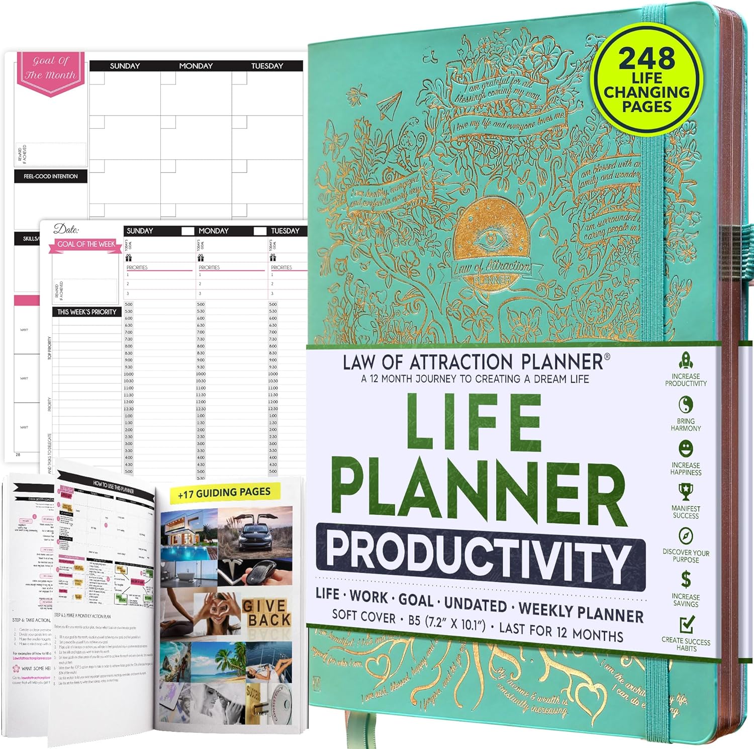 Law of Attraction Planner – Undated Hourly, Weekly & Monthly Goal Setting Planner, 12-Month to Increase Productivity | Life & Gratitude Journal, Include Foldable Vision Board, Gift Box & Stickers