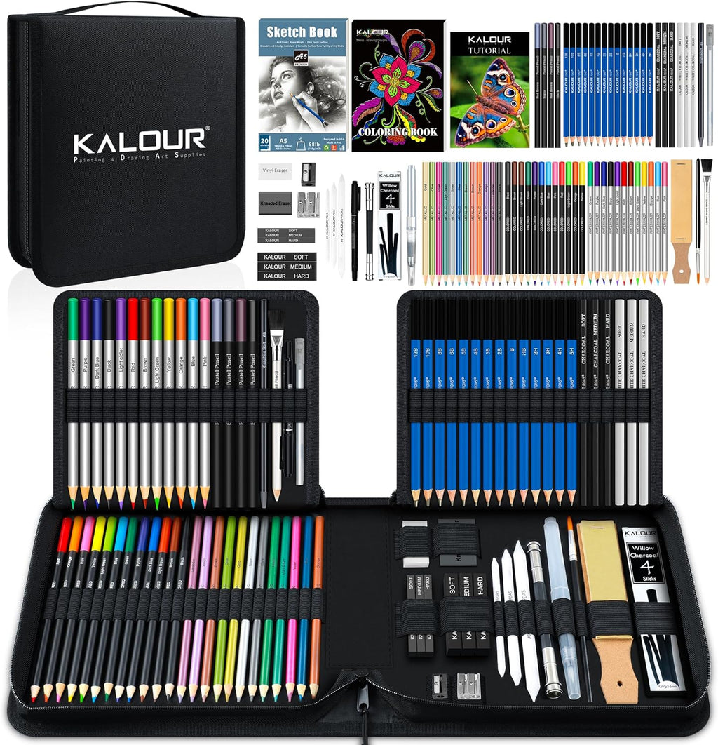 KALOUR 82 Pack Drawing Sketching Kit, Pro Art Supplies with Sketchbook, Include Tutorial,Colored, Graphite, Charcoal, Watercolor,Metallic & Pastel Pencils, Drawing Set for Adults Teens Beginner