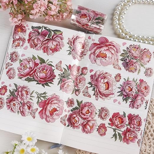 PET Tapes - Pink Flower Scrapbook Supplies, Transparent Floral Tapes for Junk Journal Planner