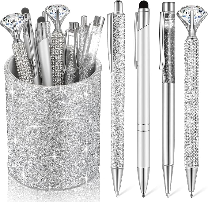 Sabary 8 Pcs Ballpoint Pens with Pen Holder for Desk Metal Crystal Diamond Pen Glitter Pencil Holder Fancy Pens Black Ink Bling Desk Organizer for Women Girls Office School Wedding Gifts (Silver)