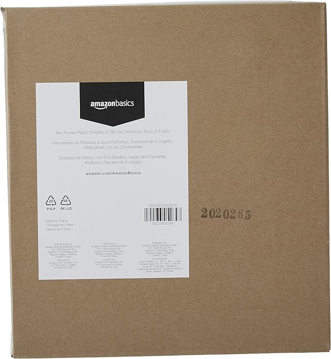 Amazon Basics Tab Dividers for 3 Ring Binder, Two Pocket, Letter Size, Assorted Colors, 24 Count