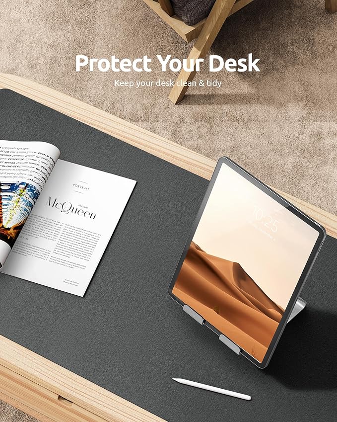 YSAGi Leather Desk Protector, Office Mat, Large Mouse Mat, Non-Slip PU Leather Blotter, Laptop Desk Pad, Waterproof Writing Pad for Office and Home (Dark Grey, 35.4" x 17")