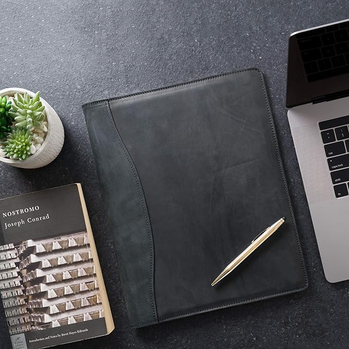 PEGAI Handmade 100% Leather Padfolio, Legal Pad Organizer for Business School Office Conference, Heavy Duty Full Grain Cow Hide Resume Interview Folio, Amazing Gift Idea | Marshall (Charcoal Black)