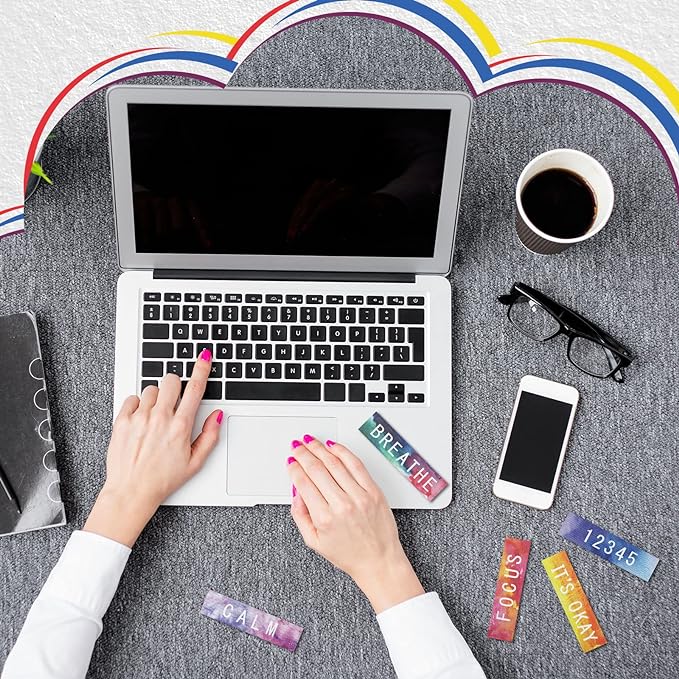 80 Pcs Anxiety Sensory Stickers with Inspirational Quotes Calm Textured Strips Relief Mental Health Stickers School Office Adhesive Sensory Tape Anti Stress Toys for Adults Teens (Watercolor)