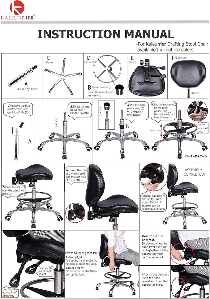 Kaleurrier Adjustable Stools Drafting Chair with Backrest & Foot Rest Drafting Stool Swivel Seat Rolling Wheels for Studio Dental Office Salon Counter Home Desk Chairs (Black)