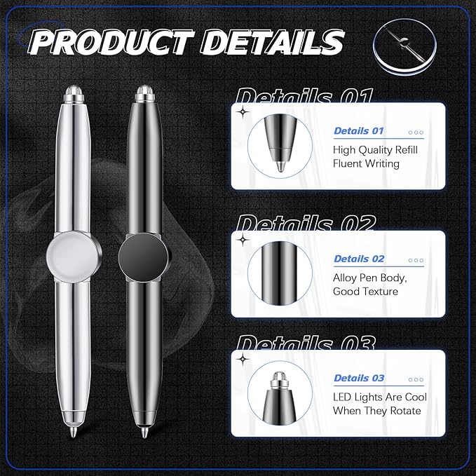 Chinco 2 Pieces Fidget Spinning Pen with LED Light Multi Functional Help Thinking Ballpoint Gift Pen for Adults Students Teenage(Gray, Silver)
