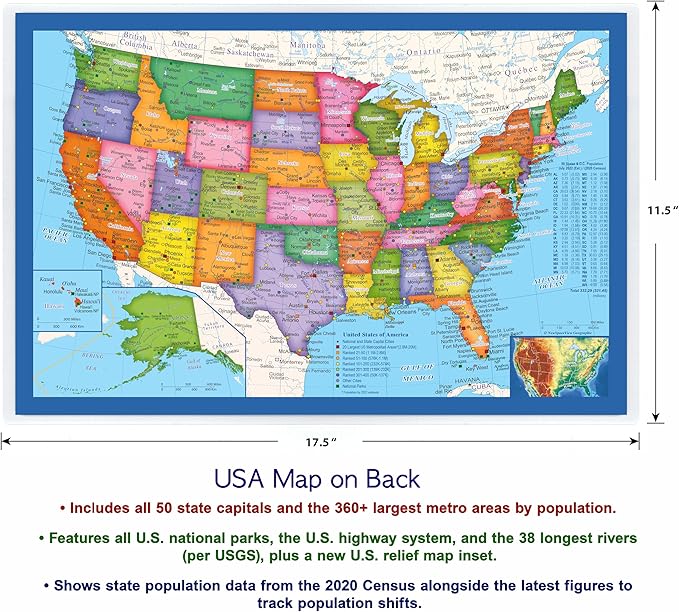 2-Sided Desk Map with Durable Lamination (2 Pack: US/Europe Centered World Map)