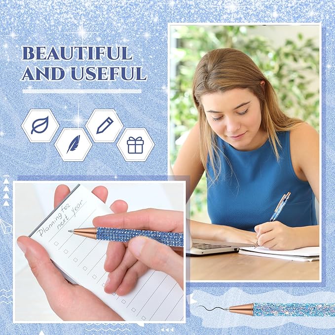 Sherr 7 Pcs Fancy Pens for Women Cute Sparkly Glitter Pens with 10 Pcs Black Ink Refills Pretty Gifts for Girls Office School Christmas Graduation(Dark Blue,Adorable)