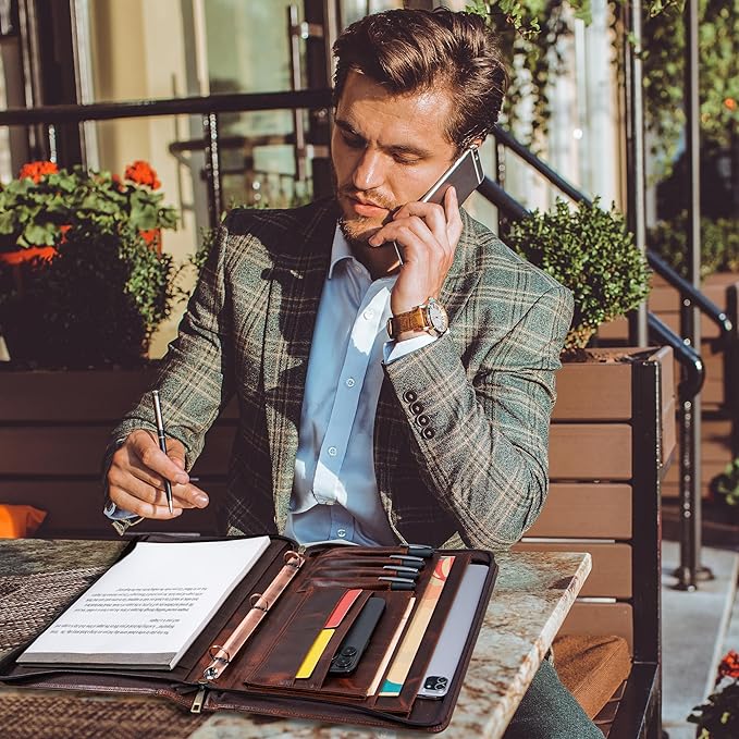 AZXCG Leather Portfolio with Zipper, 3 Ring Binder Resume Padfolio Folder, Professional Planner with A4 Notebook Holders, Business Document Organizer for 13.3" Laptop, Gift for Women/Men, Oil Wax