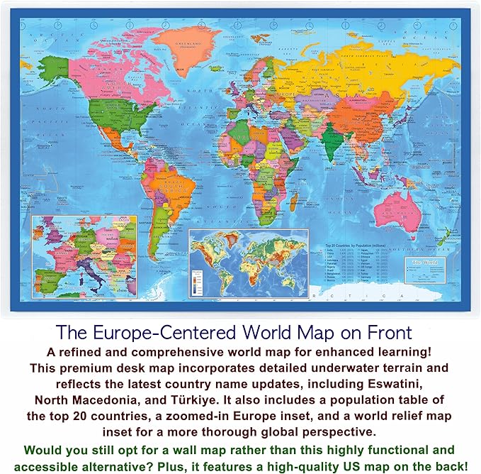 2-Sided Desk Map with Durable Lamination (2 Pack: US/Europe Centered World; Children's US/Europe Centered World Map)