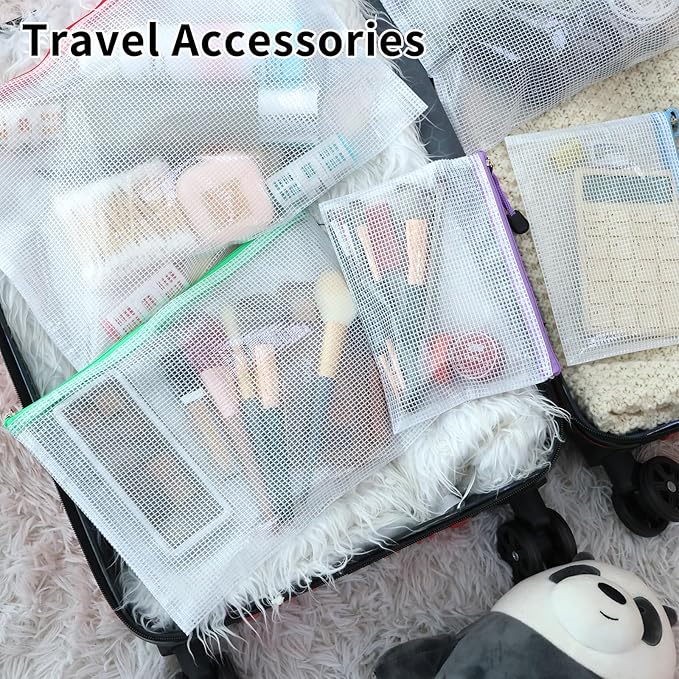 EOOUT 56pcs Mesh Zipper Pouch, Waterproof Zipper Bags, 8 Sizes Plastic Travel Pouch, 18 Colors, Multipurpose for Travel Storage, Office Appliances