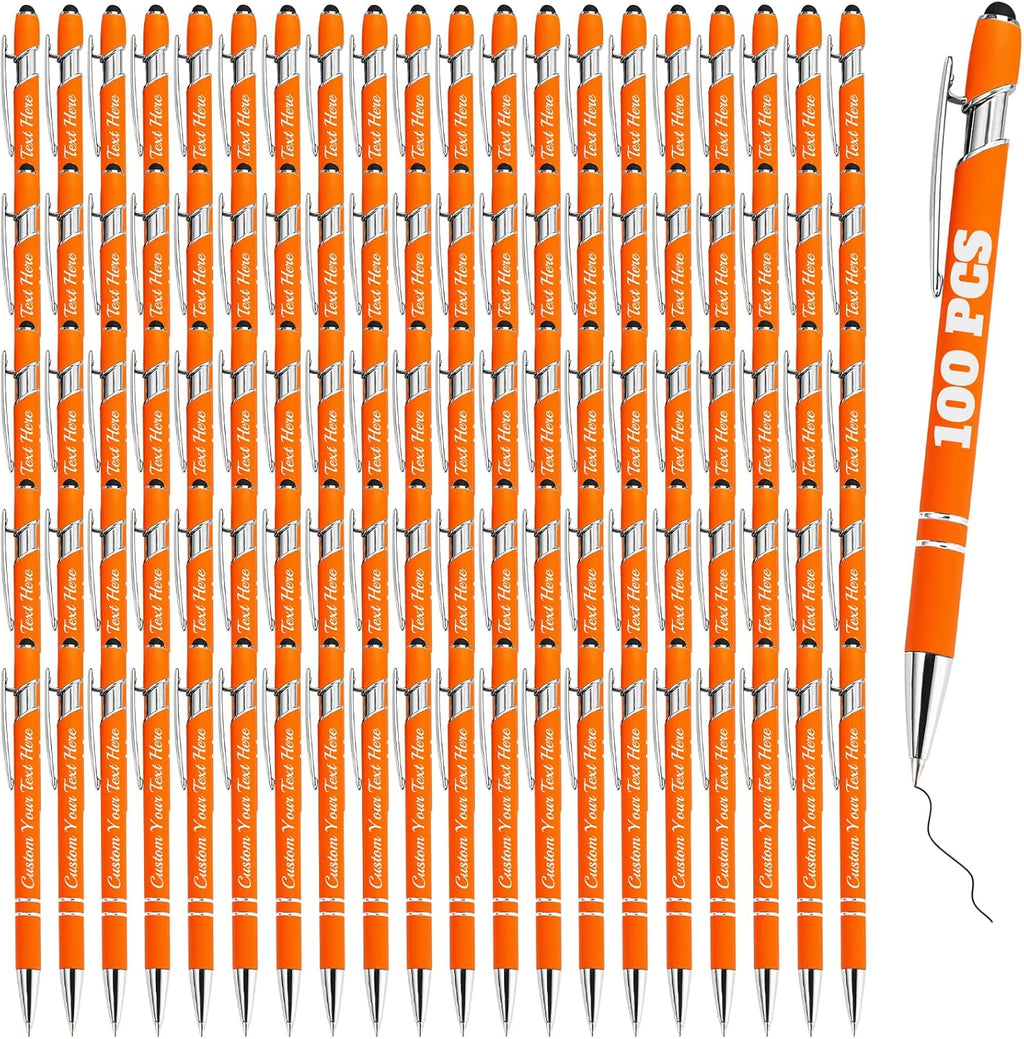 Personalized Pens Bulk 100 with Name Custom Engraving Ballpoint Pens with Stylus Tip Customized Smooth Writing Pens Personalized Gifts for Anniversary Birthday or Graduation(Orange,Black Ink)
