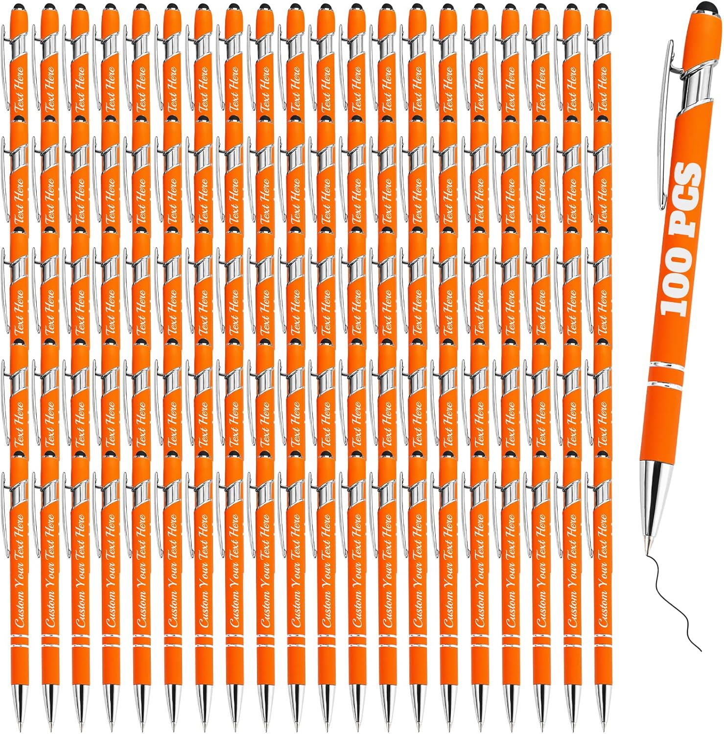 Personalized Pens Bulk 100 with Name Custom Engraving Ballpoint Pens with Stylus Tip Customized Smooth Writing Pens Personalized Gifts for Anniversary Birthday or Graduation(Orange,Black Ink)