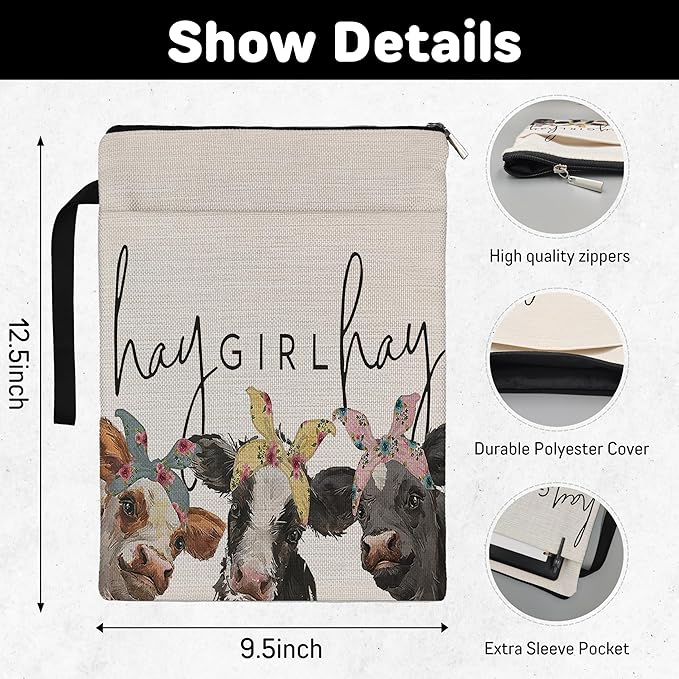 Cow Lover Gifts Book Sleeve,Hay Girl Hay Farm Cow Book Sleeve Book Covers Book Protector Pouch with Zipper,Book Sleeve Gifts for Book Lovers Readers,Book Cover for Paperback 9.4x12.1 Inch