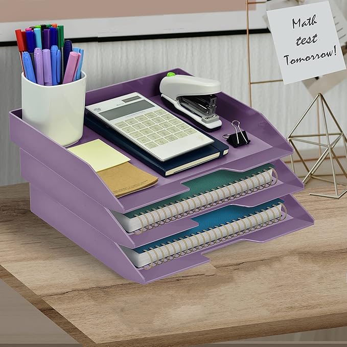 Acrimet Stackable Letter Tray 3 Tier Side Load, Plastic, Desktop File Organizer (Solid Purple Color)