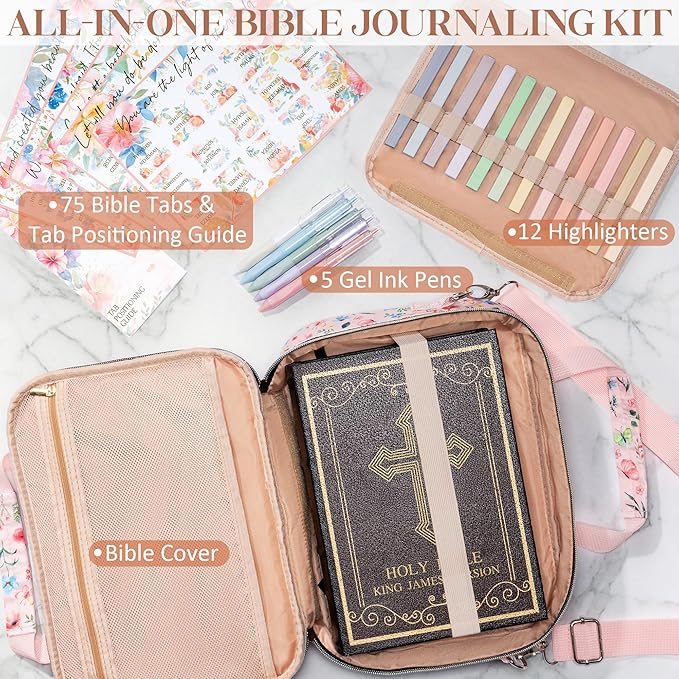 Bible Cover for Women Bible Case, Large Bible Bag w/ Shoulder Strap, Bible Study Supplies Bible Journaling Kit Book Carrying Case with Bible Highlighters Tabs, Christmas Christian Gifts for Women Lady