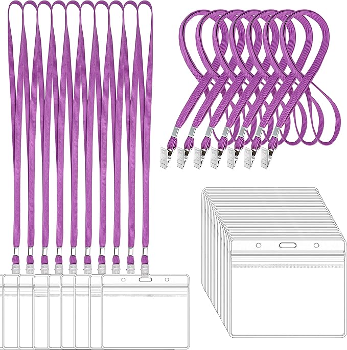 100Pcs Clear Plastic Horizontal Name Tags Badge ID Card Holders and 100Pcs Lanyards with Clip (Purple)