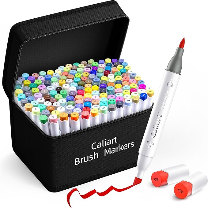 Caliart 168 Colors Brush & Chisel Alcohol Markers for Adult Coloring Book, Dual Tip Artist Sketch Art Markers, Aesthetic Cute Preppy Stuff School Supplies, Pens for Lettering Drawing Cards Planner