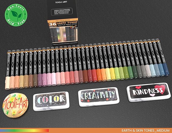36 Acrylic Paint Pens Skin and Natural Earth Tone Marker Set For Rock Painting, Canvas, Mugs, Glass, Plastic, Wood, Metal, Fabric, Scrapbooking, Most Surfaces. Quick Drying Waterbased (MEDIUM)
