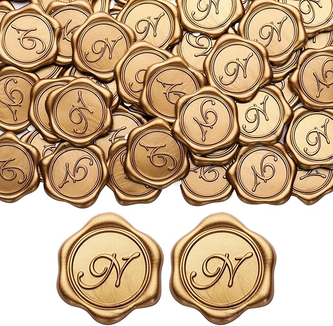 Yoption Initial N Wax Seal Stickers, 100 Pack Antique Gold Letter Self Adhesive Envelope Sealing Stickers for Wedding Party Birthday Christmas (N)