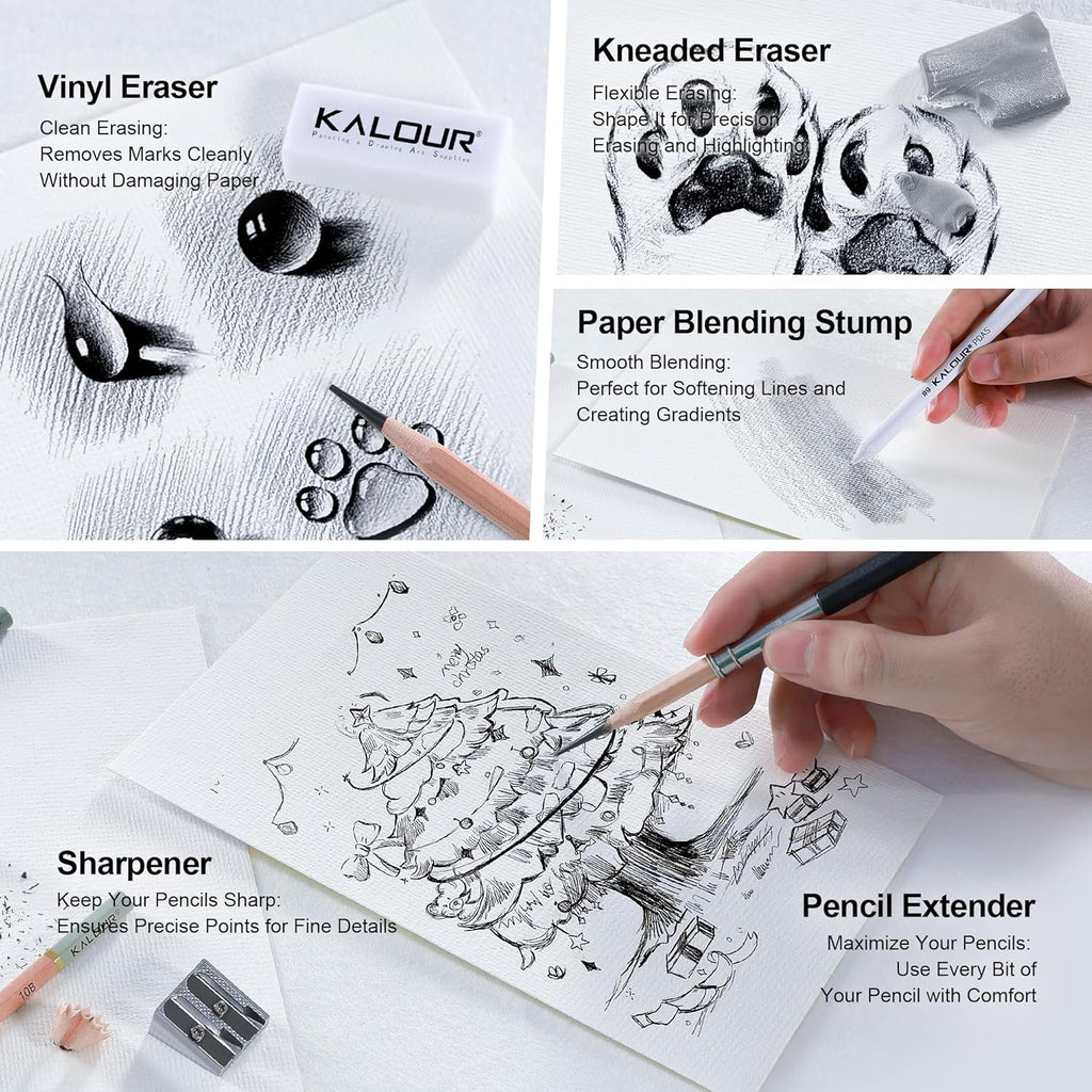 KALOUR 25-Piece Professional Sketch Pencil Set with Matte and Regular Pencils - Includes Vinyl Eraser, Kneaded Eraser, Sharpener, Pencil Extender and Blending Stump - Ideal for Artists and Beginners