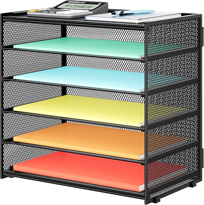 6 Tier Paper Organizer, Metal Mesh Desk File Organizer, Letter Tray Organizer, Paper Sorter Desk Organizer for Office, Home or School File Folder Holder - Black