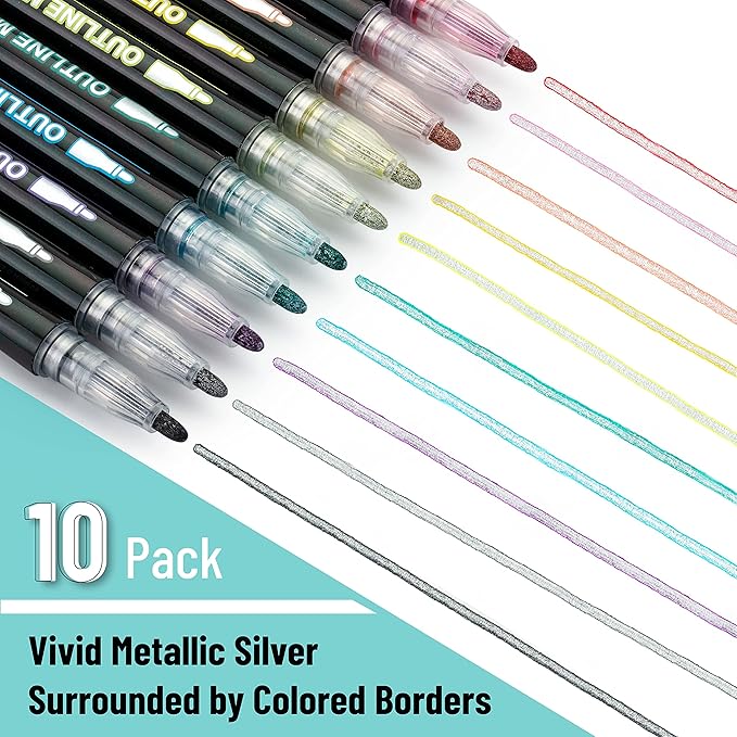 Mr. Pen- Double Line Outline Markers, 10 Colors, Self-Outline Metallic Markers, Outline Pens, Craft Pens