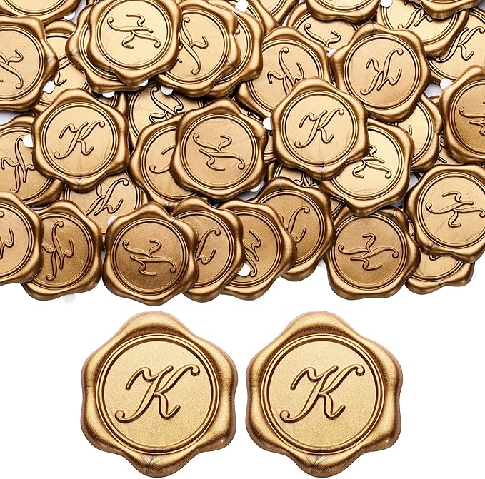 Yoption Initial K Wax Seal Stickers, 50 Pack Antique Gold Self Adhesive Envelope Seal Stickers for Wedding Party Birthday Christmas (K)