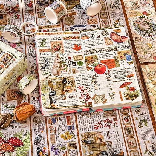 18 Rolls Vintage Washi Tape Pack Retro Arts Adhesive Tapes Wide Monologue Decorative Masking Tape Sets for Craft, Kids, Scrapbook, DIY, Gift Wrapping (Misty Forests)