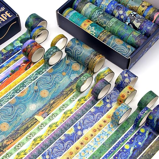 Washi Tape Set, 36 Rolls Van Gogh Vintage Gold Washy Tape, Wide Decorative Tape for Journaling, Scrapbooking Supplies,Vision Board Supplies, 6 Sizes Craft Watercolor Tape
