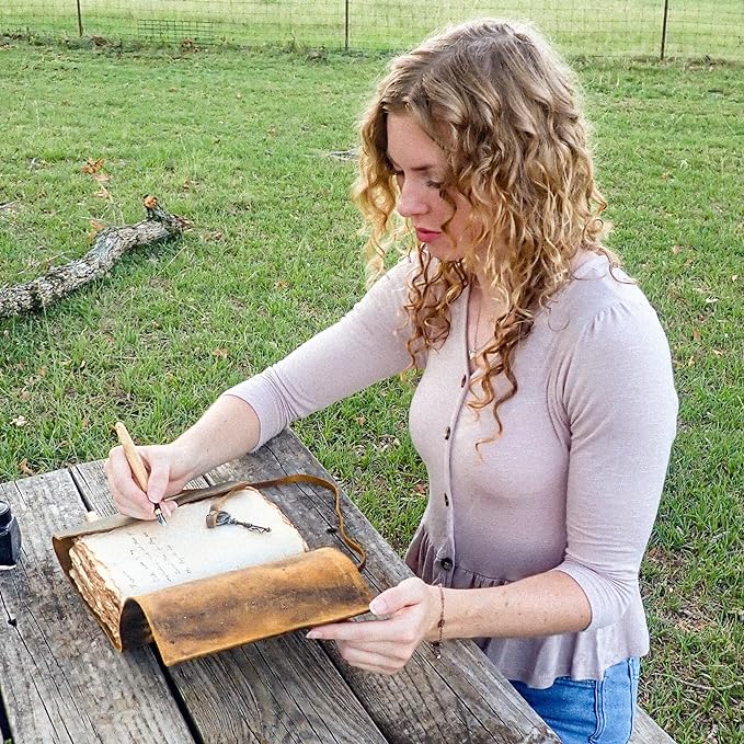 LEATHER VILLAGE Vintage Leather Journal – 200 Handmade Vintage Deckle Edge Paper – Leather bound Journal For Women Men – Vintage Key Closure - Book of Shadows - Blue - 13X8 inches