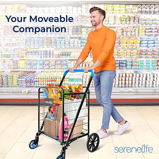 SereneLife Utility Shopping Supermarket Cart, 360 Rolling Swivel Front Wheels, Collapsible Utility Cart, Heavy Duty, Portable, 3.5" D x 19.5" W x 38" H, Large Capacity 110 lbs, Luggage, Laundry, Blue