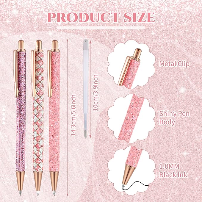 Sherr 7 Pcs Fancy Pens for Women Cute Sparkly Glitter Pens with 10 Pcs Black Ink Refills Pretty Gifts for Girls Office School Christmas Graduation(Pink,Cute)