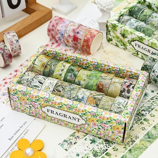 18 Rolls Blossom Washi Tape Set Floral Arts Adhesive Tapes Flowers Garden Decorative Masking Tape Sets for Craft, Kids, Scrapbook, DIY, Gift Wrapping (Golden Harvest)