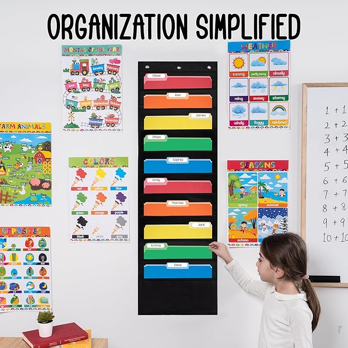 10 Pocket File Pocket Chart, Black, 14" Wide x 47" Tall - Versatile Wall Hanging File Folder Organizer for Classroom, Office, Home, and More - Wall Folder Organizer - 10 Pockets