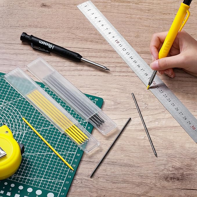 Hiboom 2 Pack Solid Carpenter Pencil with 14 Refill, Long Nosed Deep Hole Mechanical Pencil Marker with Built-in Sharpener for Carpenter Woodworking Architect with Design Patent (Black, Yellow)