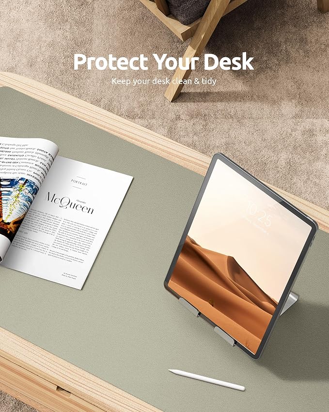 YSAGi Leather Desk Protector, Office Mat, Large Mouse Mat, Non-Slip PU Leather Blotter, Laptop Desk, Waterproof Writing Pad for Office and Home (Sage Green, 31.5" x 15.8")