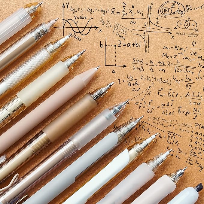 Four Candies 12Pack Pastel Gel Ink Pen Set, 11 Pack Black Ink Pens with 1Pack Highlighter for Writing, Retractable 0.5mm Fine Point Note Taking Pens for School Office (Brown)