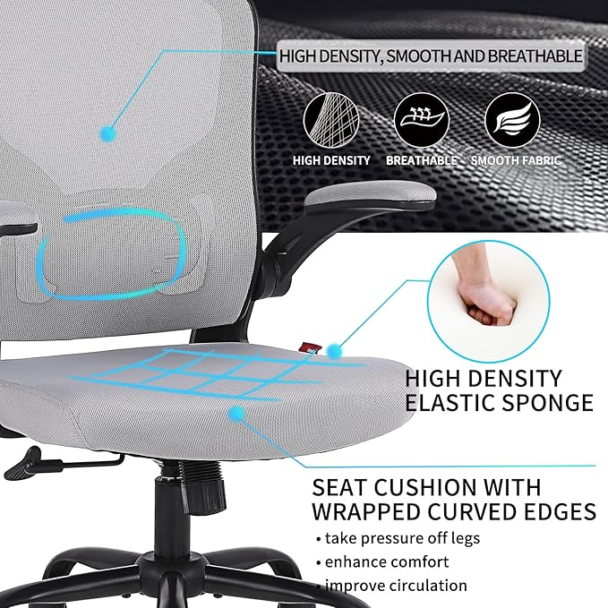 Flysky Ergonomic Office Desk Chair Breathable Mesh Swivel Computer Chair, Lumbar Back Support Task Chair, Grey Office Chairs with Flip-up Arms, Adjustable Height Executive Rolling Chair