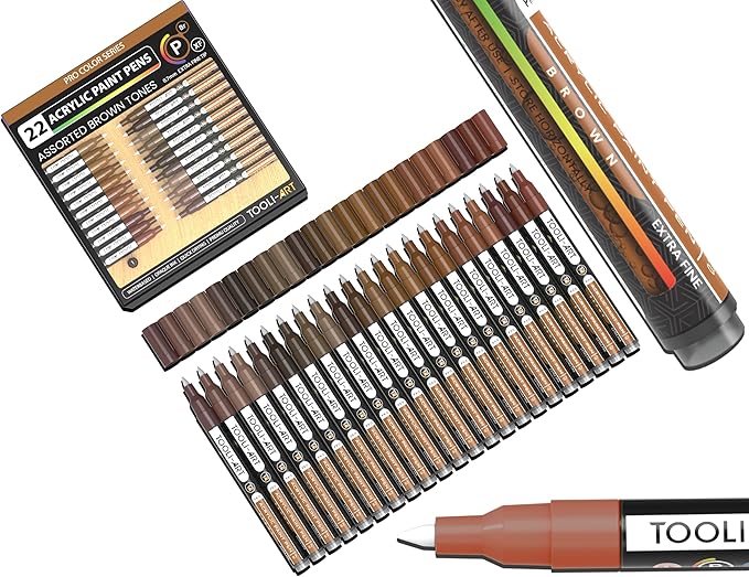 Acrylic Paint Pens 22 Brown Tones Assorted Pro Color Series Markers Set 0.7mm Extra Fine Tip for Rock Painting, Glass, Mugs, Wood, Metal, Canvas, Projects, Non Toxic, Waterbased, Quick Drying