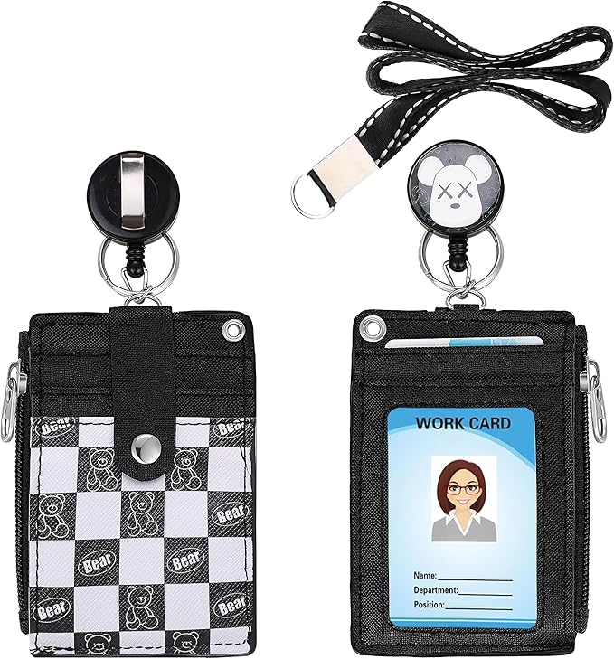 Cute ID Badge Holder Retractable Lanyard Reel Clip with Heavy Duty Carabiner,5Card Slots in 2 Sided with Key Ring and Zipper for Women Students Teens Girls Office Staff (Black White Bear)