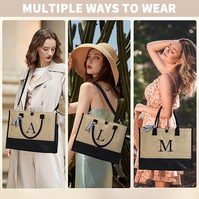 YOOLIFE Christmas Gifts for Women - Initial Jute Tote Bag & Makeup Bag, Birthday Gifts for Women Her Mom Teacher Friend
